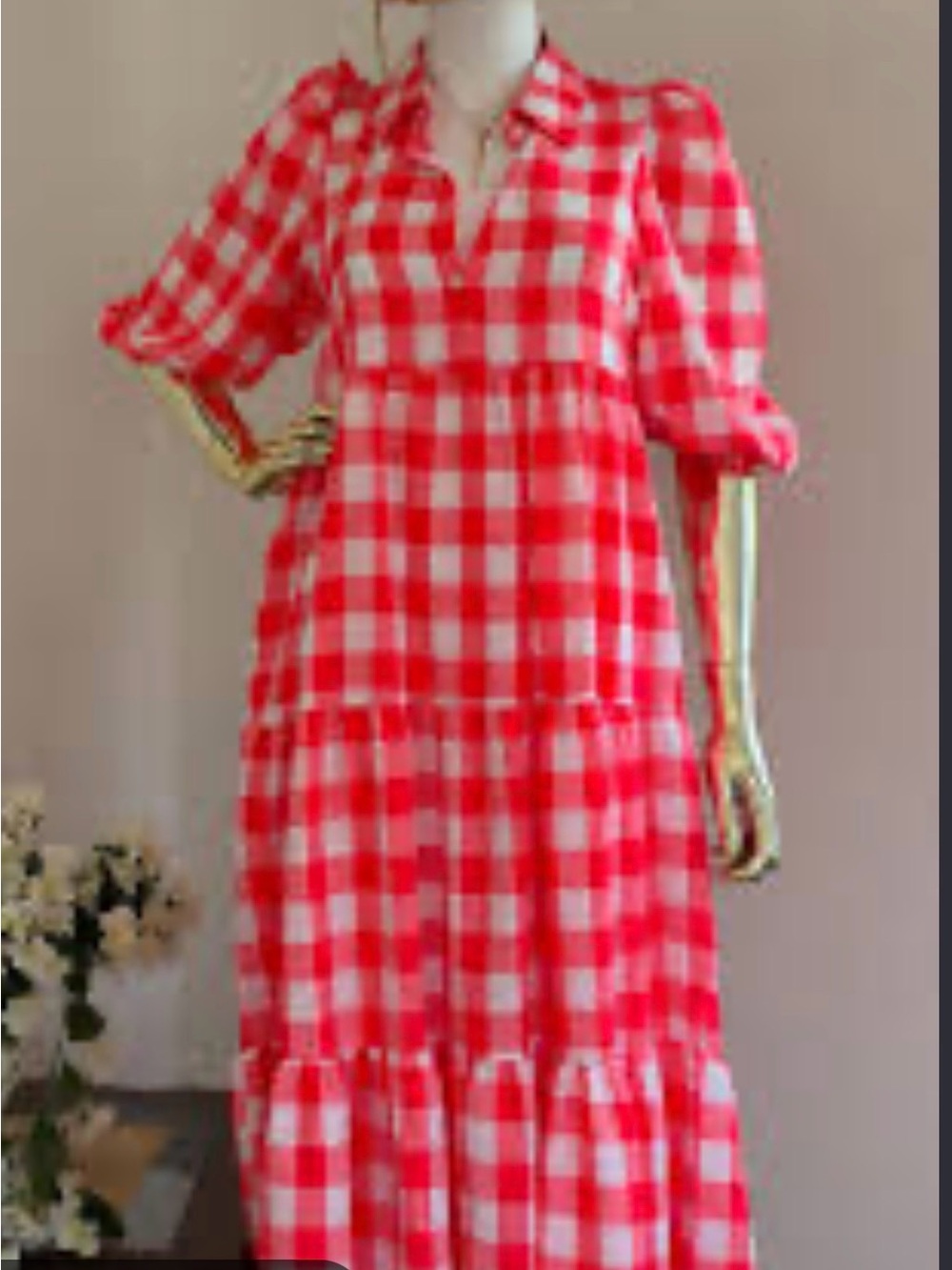 Red and White Gingham Maxi Dress with Tiered Skirt